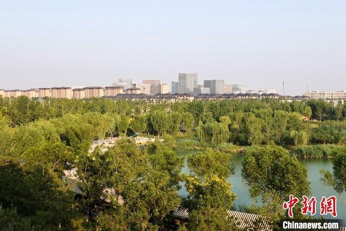 從完成頂層設(shè)計(jì)到如火如荼大規(guī)模建設(shè)，六年來(lái)，雄安新區(qū)如春天的竹子一般拔節(jié)生長(zhǎng)，這座承載千年大計(jì)的“未來(lái)之城”已雄姿初顯。從“一張白紙”開(kāi)始著墨，如今的雄安新區(qū)已是濃墨重彩的“山水畫(huà)”。<a target='_blank' href='/'>中新社</a>記者近日走訪了雄安新區(qū)多地，從“藍(lán)綠金”三色感受這座“未來(lái)之城”的巨大變化。圖為7月18日拍攝的河北雄安新區(qū)金湖公園。 <a target='_blank' href='/'>中新社</a>記者 易海菲 攝