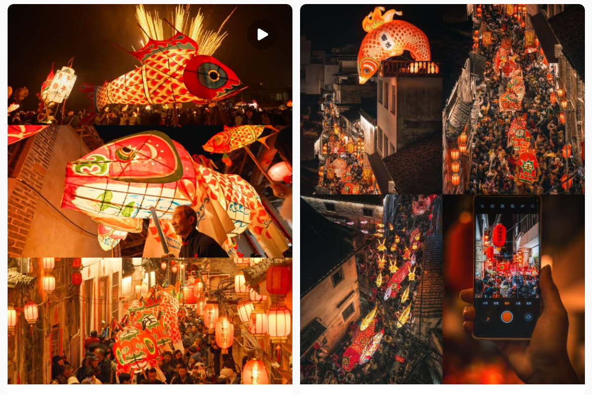 魚燈相關(guān)視頻、圖片獲得數(shù)萬點贊。社交媒體截圖